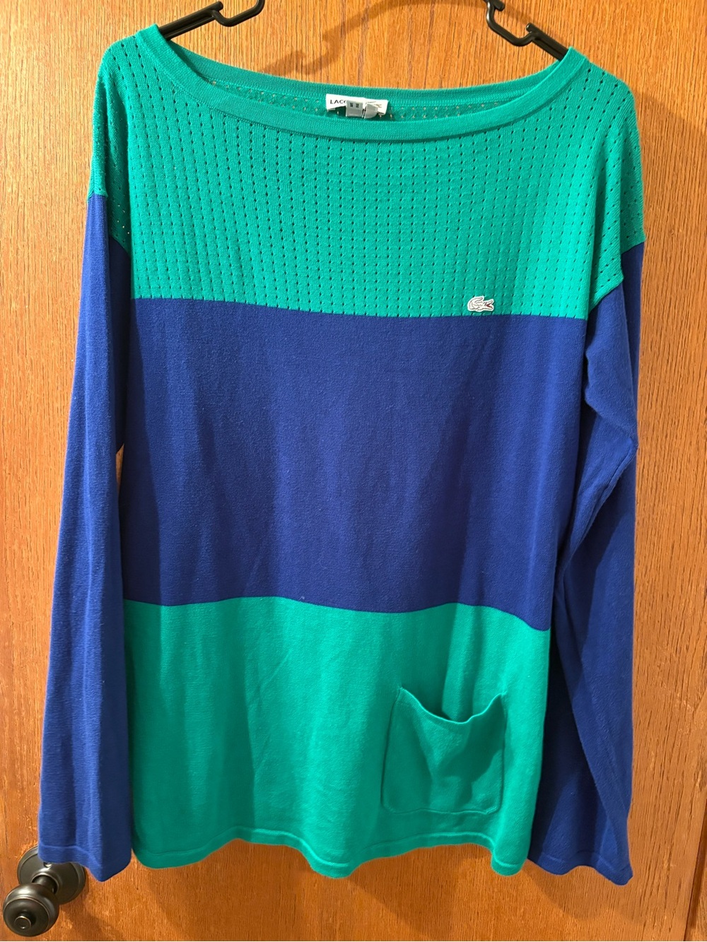 Lacoste Izod Preppy Perforated  Colorblock Green Navy Spring Sweater XL Women